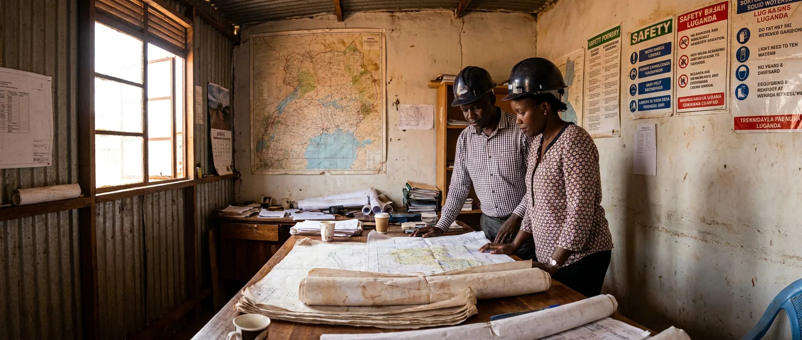 PKAAS Ugandan engineers reviewing project blueprints in a site office